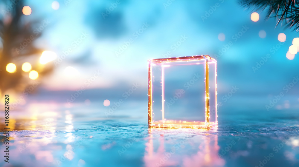 Aufkleber glowing neon cube on ice with bokeh lights and pine branches.