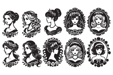 Girls Cameo Portraits vector illustration design black and white