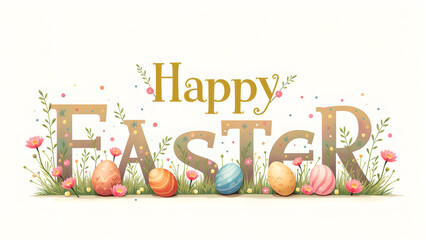 Obraz premium Happy Easter greeting card with colorful eggs and flowers. Concept of spring, celebration, and Easter.