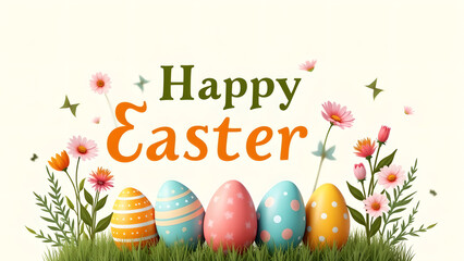 Happy Easter greeting with colorful eggs and flowers. Spring holiday celebration.