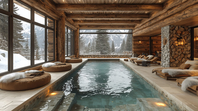 Piscine int&eacute;rieure luxueuse dans un chalet alpin