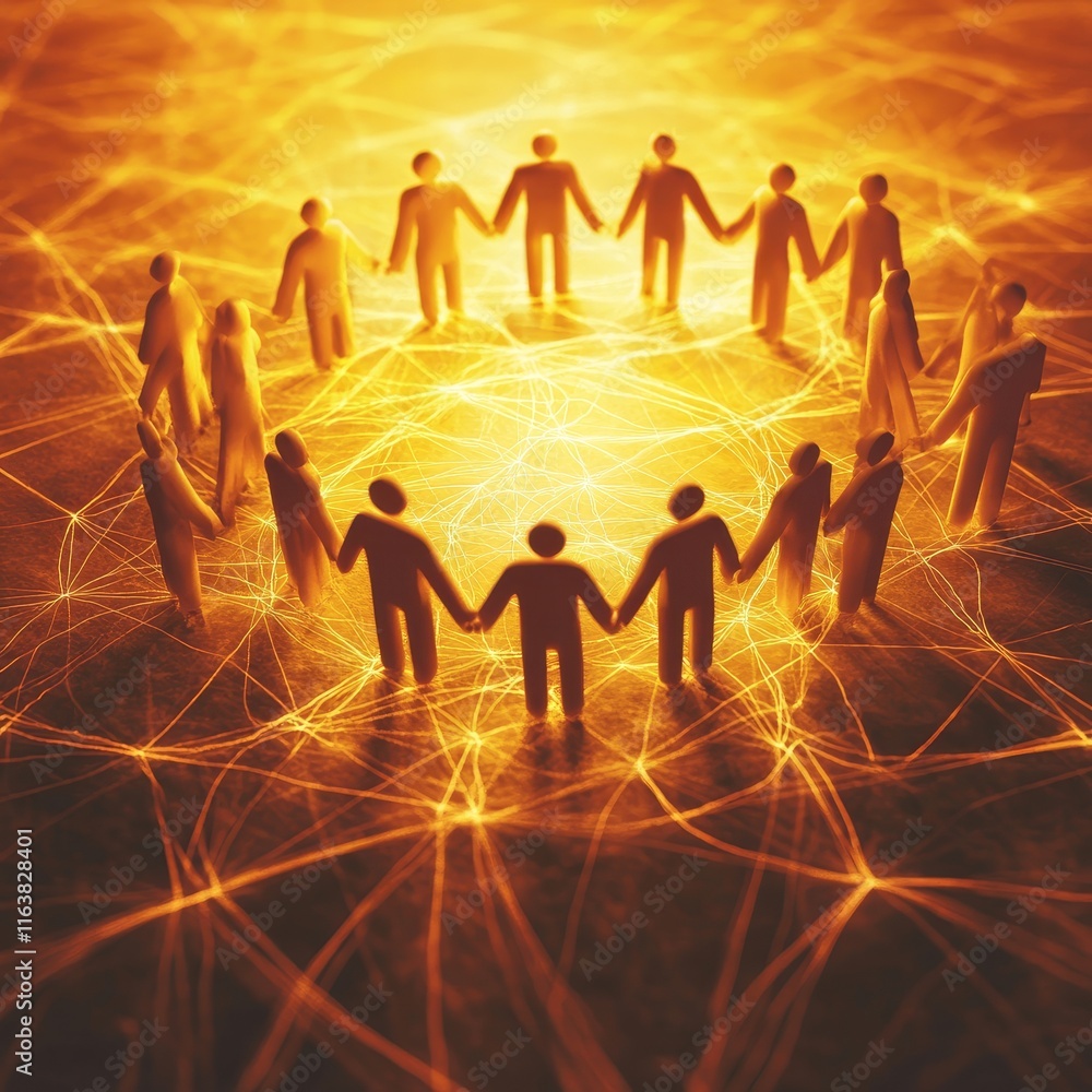 Poster figures in a circle holding hands surrounded by glowing lines of light, symbolizing connection and u