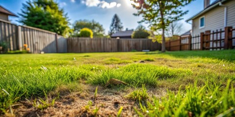 Damaged Lawn with Patchy Grass and Bare Spots - Lawn Maintenance and Landscaping Needs for Healthy Greenery