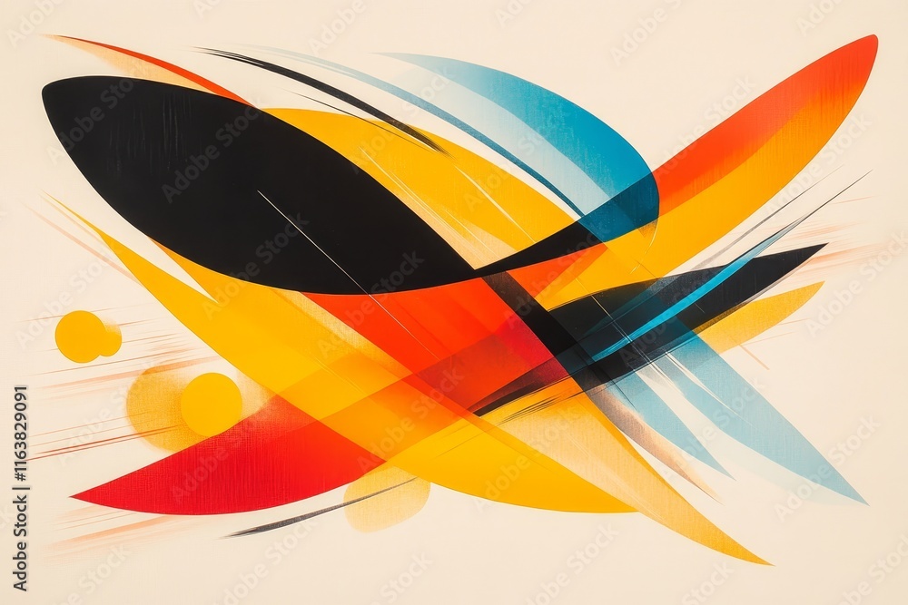 Poster abstract art piece featuring dynamic colors and shapes representing movement and energy in a modern 