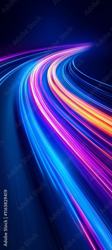 Poster bright neon light trails swirl around a dark background creating a vibrant and dynamic visual of mot