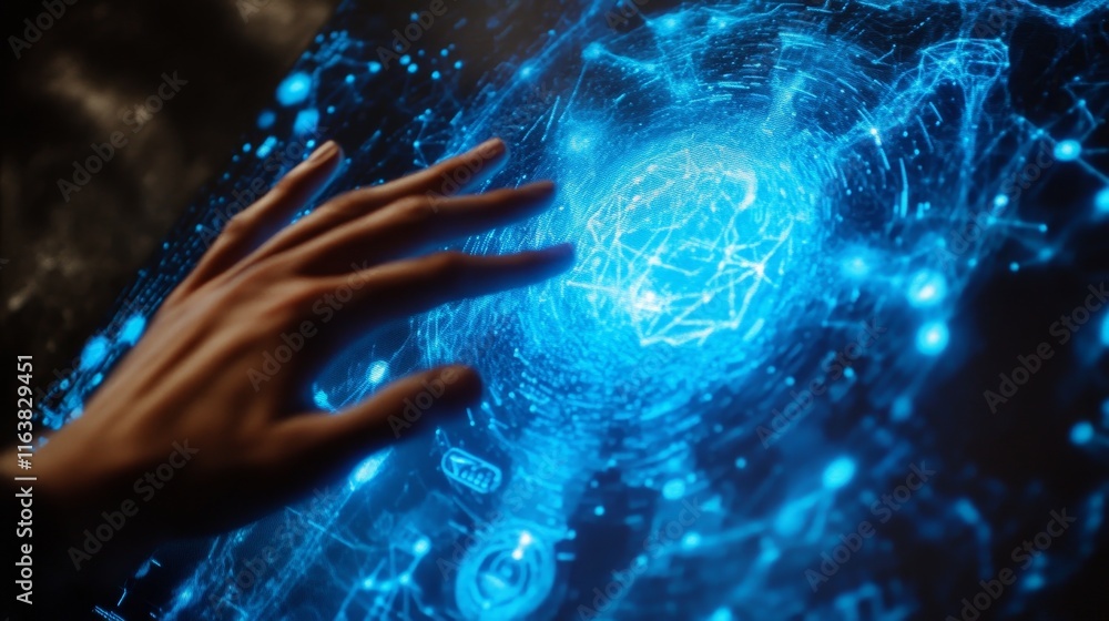 Poster futuristic hand reaching for a luminous blue digital interface with network patterns