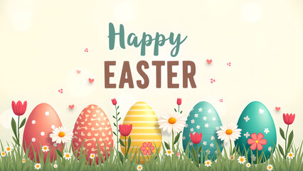 Happy Easter greeting card with decorated eggs and flowers. Concept of spring, celebration, and Easter.