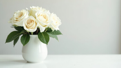 Elegant white roses in ceramic vase against soft background. mothers Day. copy space