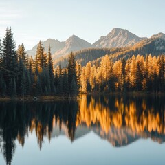 Obraz premium Serene Lake Surrounded by Autumn Foliage and Mountain Peaks During Golden Hour