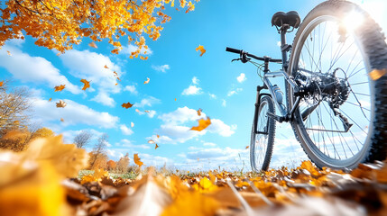 Naklejka premium Mountain bike on autumn leaves with falling leaves and blue sky.