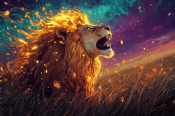 Naklejka premium Roaring Lion with Shimmering Mane