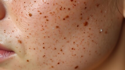 Fototapeta premium A zoomed-in view of a human cheek covered in freckles, highlighting their clustering pattern and gradient of brown hues