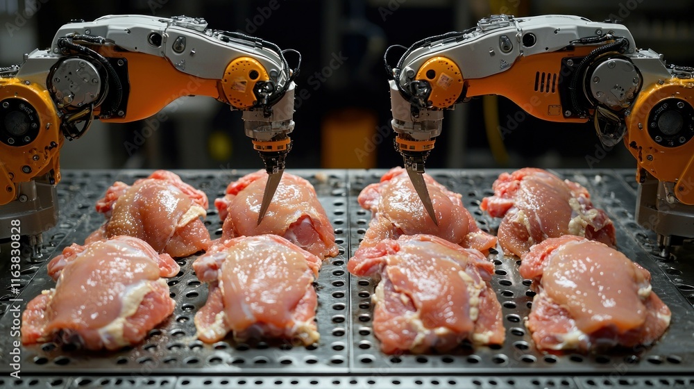 Poster robotic arms processing chicken meat in a factory setting.