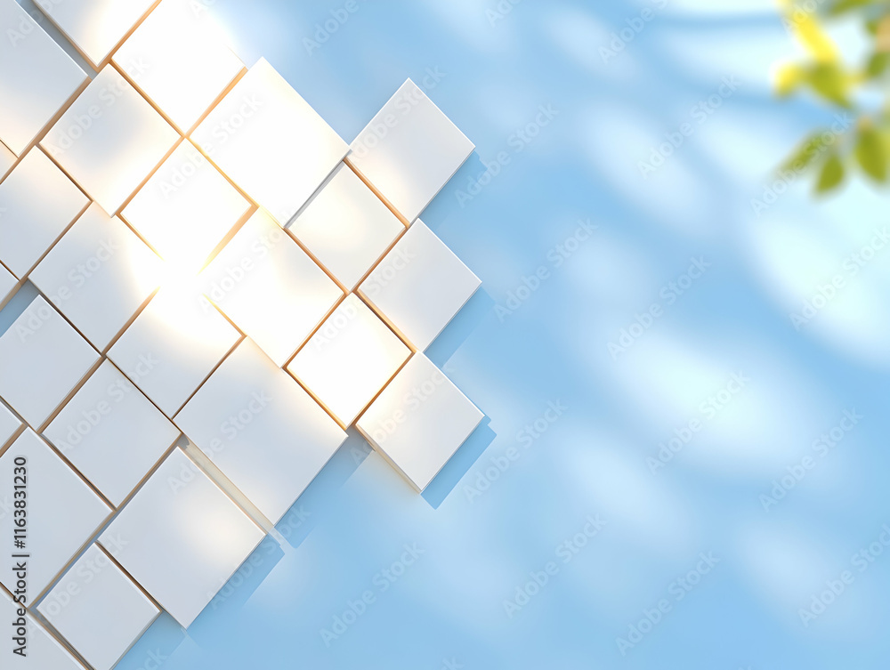 Poster white cubes pattern on blue backdrop with leaf shadows.