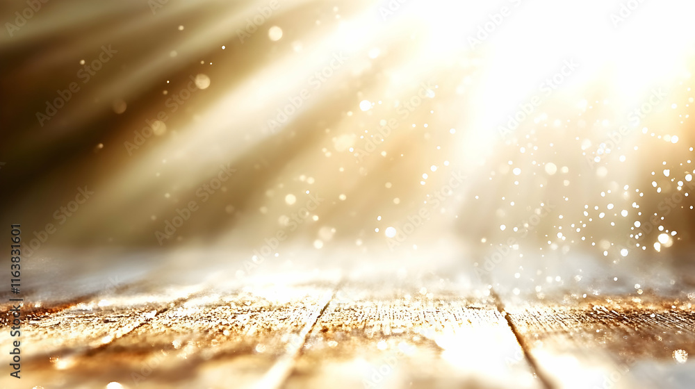Poster empty wooden table with golden bokeh background. (1)