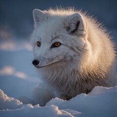 Obraz premium An arctic fox peeking out from its snowy den in twilight.