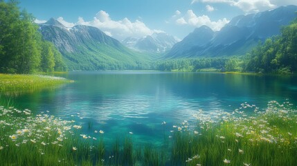 Naklejka premium Serene Mountain Landscape With Crystal Clear Lake Surrounded by Lush Greenery and Blooming Flowers on a Sunny Day