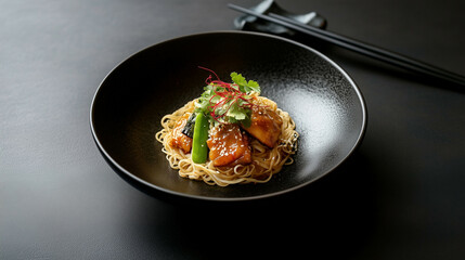 A simple yet elegant presentation of yi mein noodles with a touch of red for Chinese New Year celebration.