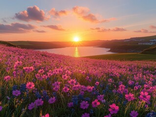 Fototapeta premium Vibrant sunset over a field of wildflowers near a calm bay.