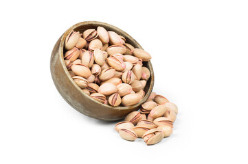 Pistachio nut in nutshell isolated on white background in bowl, composition of pistachios great for healthy and dietary nutrition. Concept of nuts
