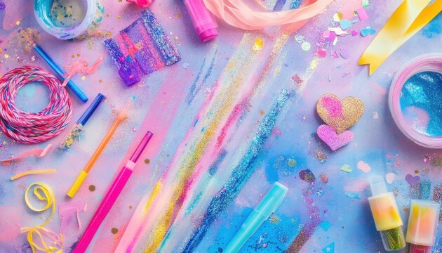 A colorful array of crafting supplies arranged artistically on a vibrant background.