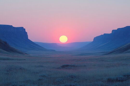 Serene sunrise over vast, flat desert landscape with distant mountains. - Powered by Adobe