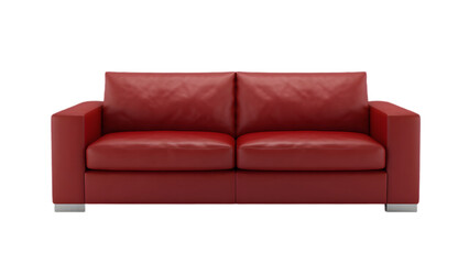 Fototapeta premium A red leather sofa with a modern and minimalist design on a transparent background. It has clean lines, low-profile arms, and sleek metallic legs.