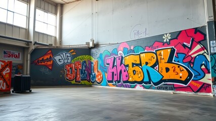 Naklejka premium Colorful Graffiti Mural Industrial Warehouse - AI Art