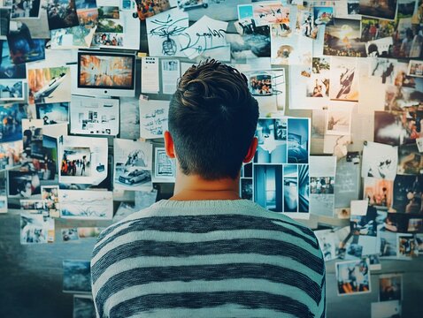 Man watching multiple videos on a big screen display