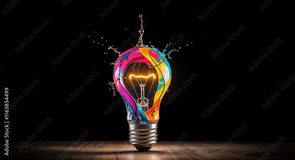 Poster light bulb with colorful splashes . generative ai