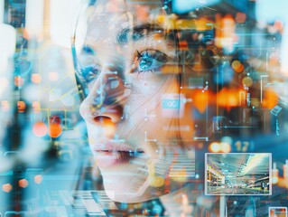 Businesswoman analyzing data and code in futuristic office environment