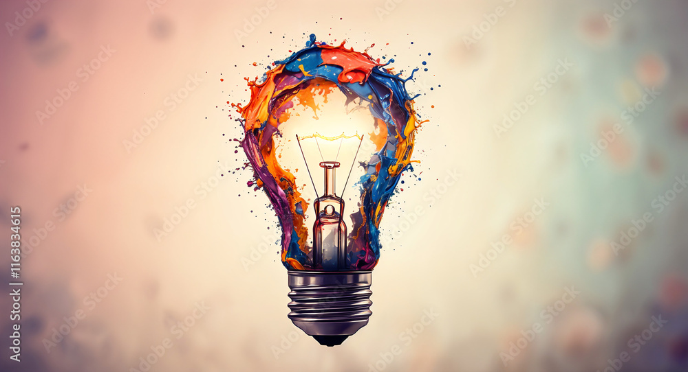 Poster light bulb with colorful splashes . generative ai