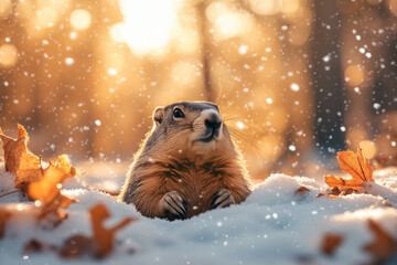 Curious groundhog emerging from its burrow on a bright winter morning, surrounded by light snow and gentle shadows. Groundhog Day