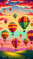 Fototapeta premium Whimsical Hot Air Balloons in a Sunset Sky - Vertical Phone Wallpaper Background