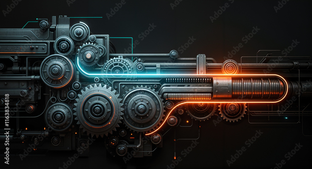 Poster mechanical abstract background with neon lines and mechanisms . generative ai