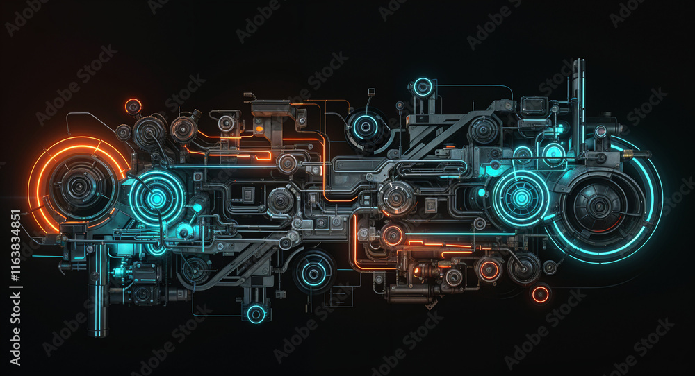 Poster mechanical abstract background with neon lines and mechanisms . generative ai