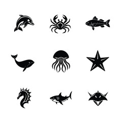 Marine animal silhouette set