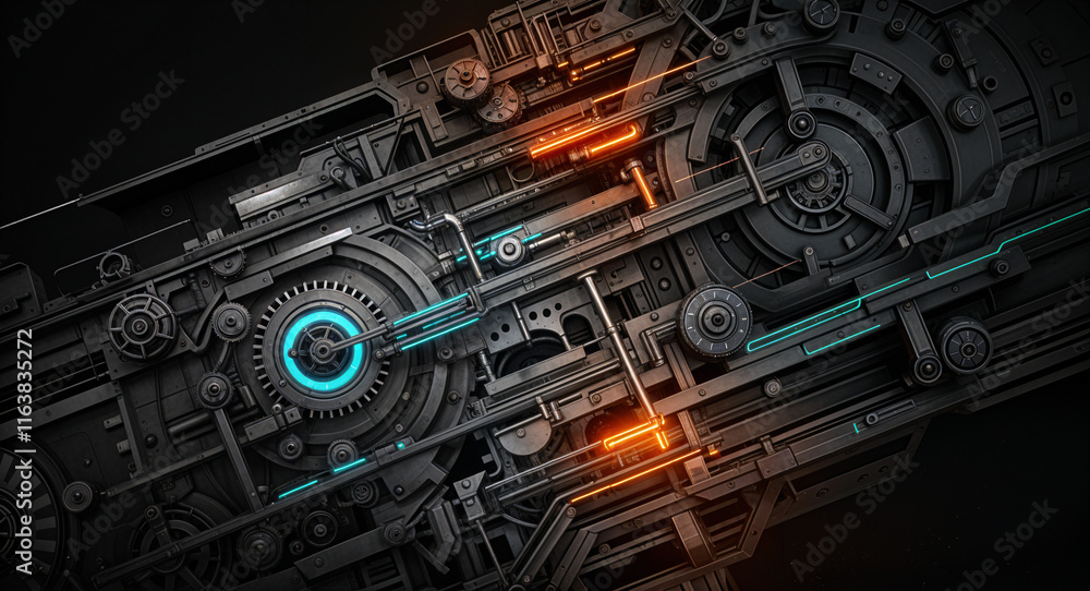Poster mechanical abstract background with neon lines and mechanisms . generative ai