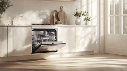 Modern kitchen with open dishwasher, sunlight streaming through window.