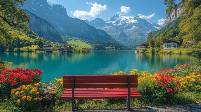 Stunning Lakeside View Features a Red Bench Surrounded by Vibrant Flowers and Majestic Mountains on a Sunny Day - Powered by Adobe