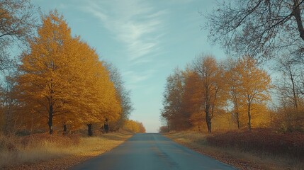 Vibrant Autumn Foliage Lines a Tranquil Road Surrounded by Colorful Trees Under a Clear Sky on a Peaceful Day