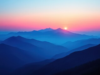 Obraz premium Serene sunset over layered mountain range.