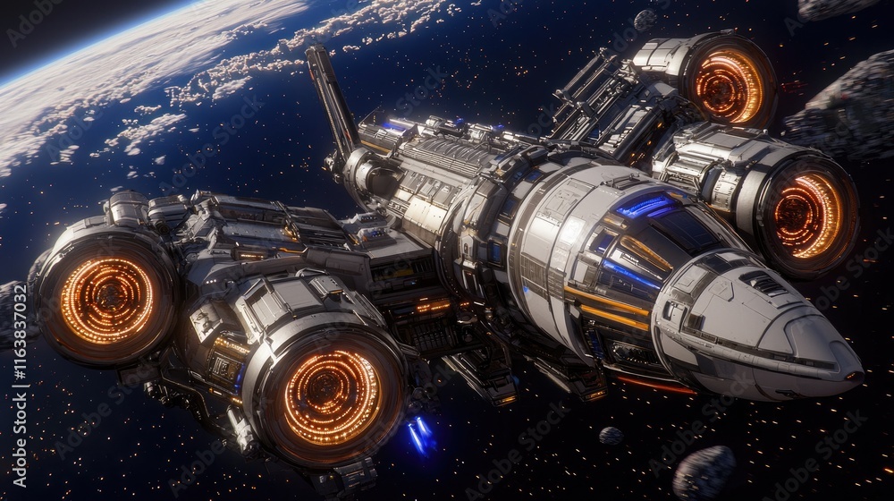 Aufkleber exploring the depths of space futuristic spaceship in orbit digital art outer space dynamic perspect