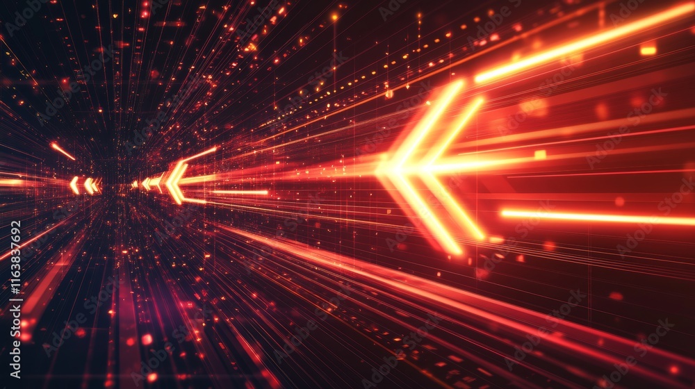Poster abstract red neon light arrow speed background. futuristic glow tech gamer graphic for banner. fast 