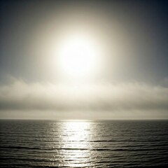 A tranquil coastal scene with sunlight filtering through sea mist, casting an ethereal glow.
