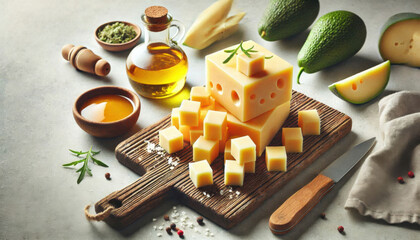Cheese dices and slices garnished with fresh herbs on a rustic wooden cutting board, side view.