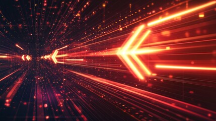 Abstract red neon light arrow speed background. Futuristic glow tech gamer graphic for banner. Fast move cyber casino design with yellow led beam. 3d triangle perspective dynamic digital party bg.