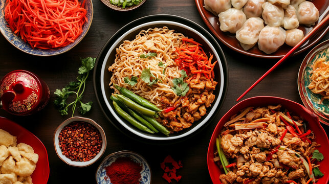 mie panjang umur served during Chinese New Year celebrations, garnished with fresh vegetables and traditional spices on a festive table