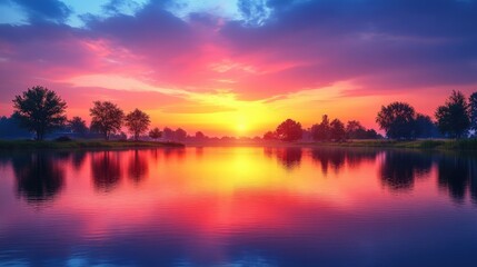 Fototapeta premium Vibrant sunrise over calm lake, trees mirrored in water.