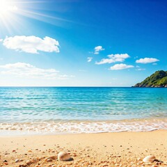 Obraz premium A dreamy tropical beach scene with turquoise waters, sunlight reflecting on waves, and shells dotting the shore. 
